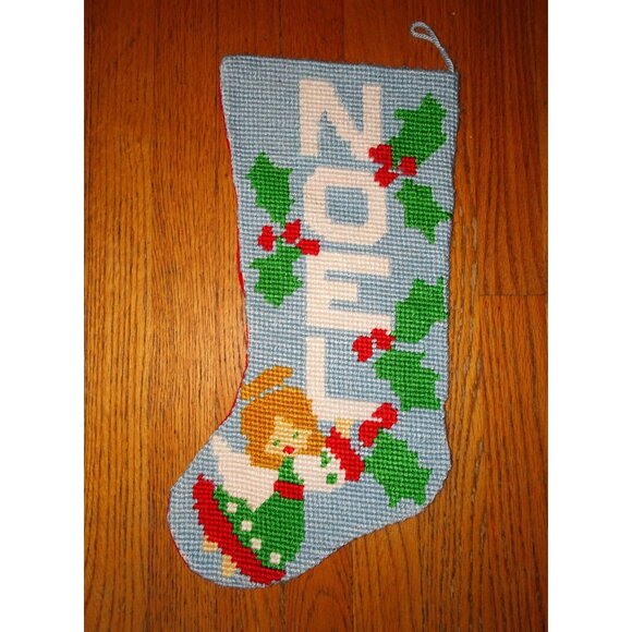 Vintage Handmade Needlepoint Noel Christmas Stocking holly hand crafted retro - Picture 2 of 6
